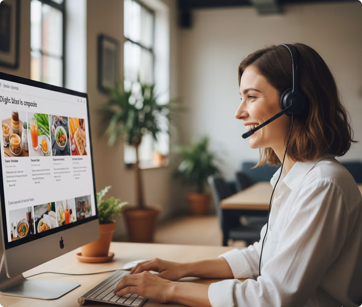une femme aide par téléphone un client avec la programmation de ses campagnes d'affichage dynamique