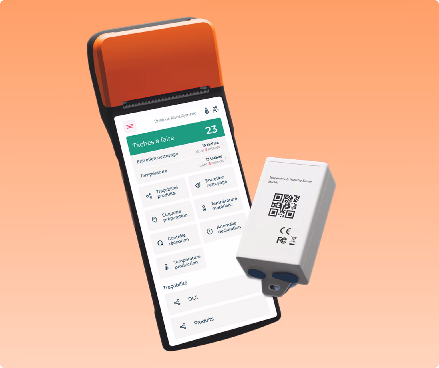 Application mobile affichant une liste de 23 tâches à faire liées à l'entretien, température et traçabilité, avec un capteur de température et humidité à côté.
