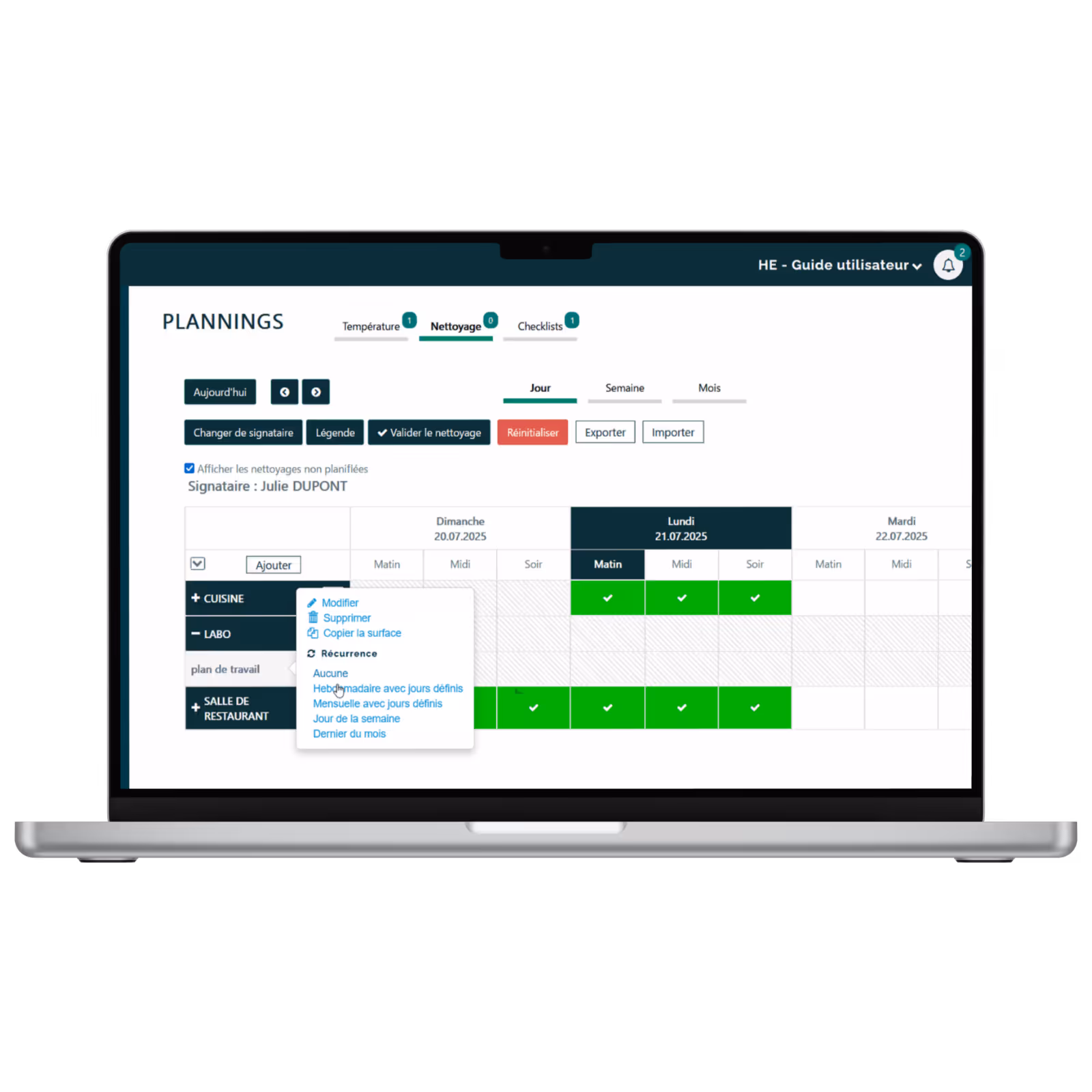 Planning de Plan de Maîtrise Sanitaire depuis un ordinateur