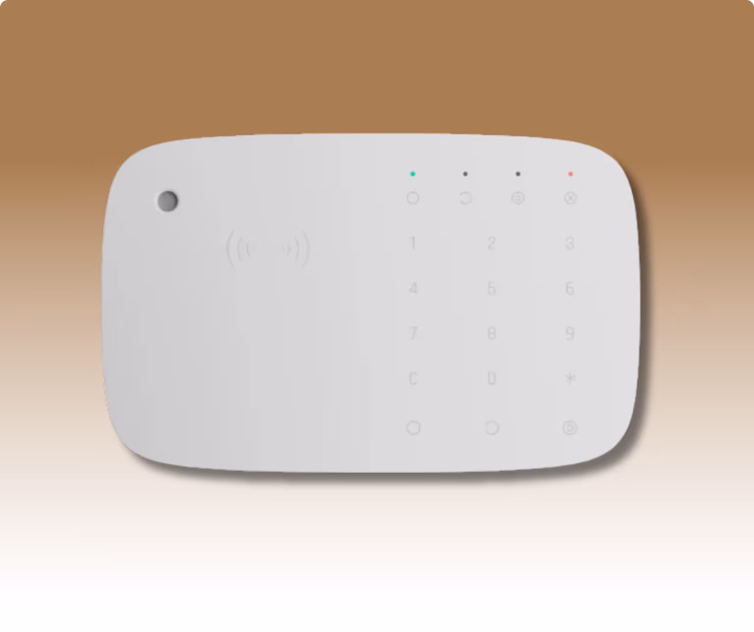 Clavier numérique blanc avec voyants lumineux et icônes sur fond dégradé marron et beige.