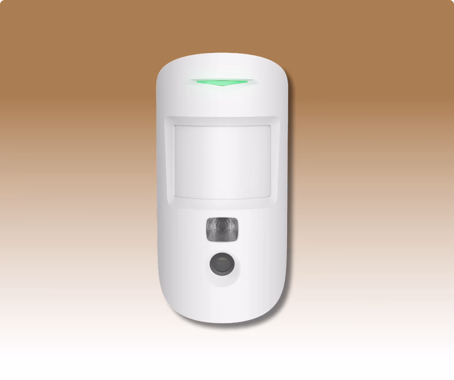 Détecteur de mouvement blanc avec indicateur lumineux vert sur fond dégradé marron clair.