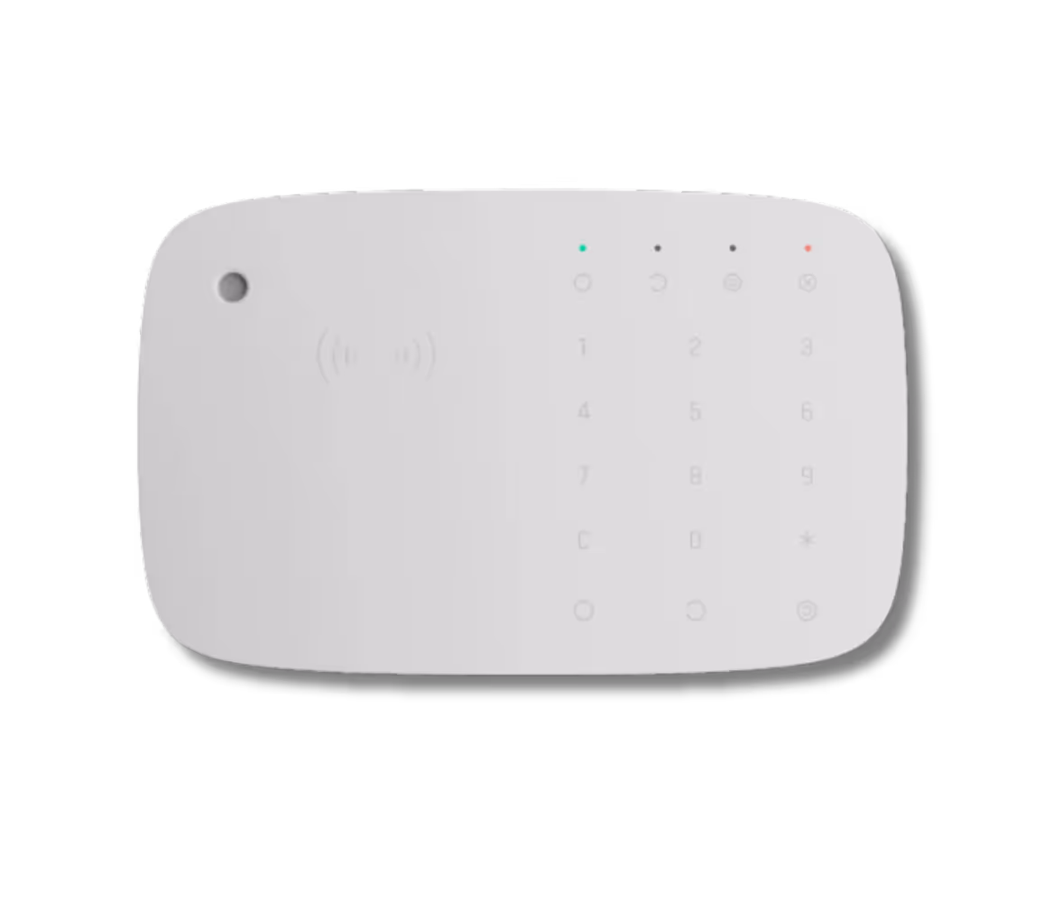 Clavier numérique blanc avec des voyants lumineux sur le dessus, utilisé pour la sécurité ou le contrôle d'accès.