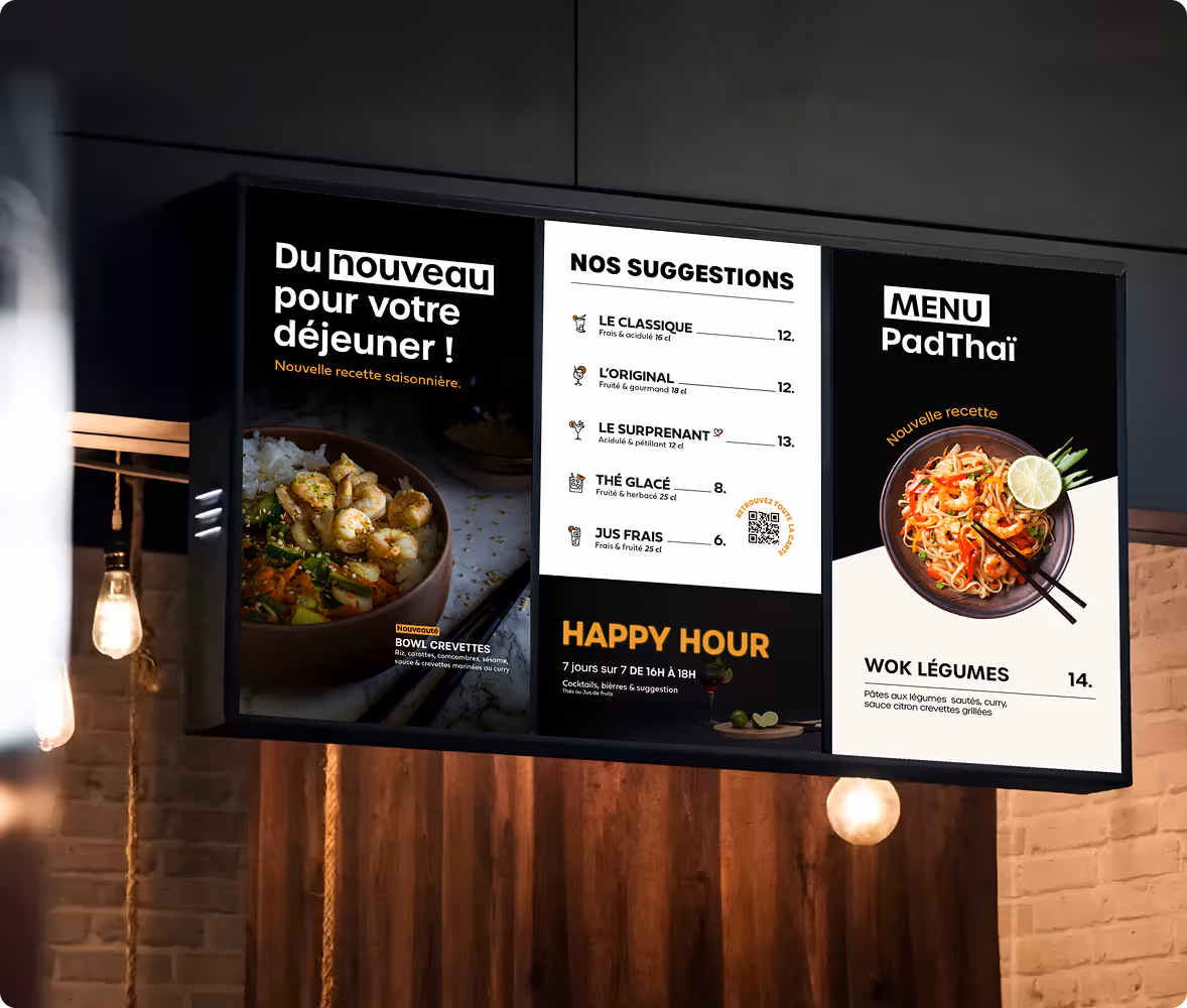 3 écrans d'affichage dynamique dans un restaurant