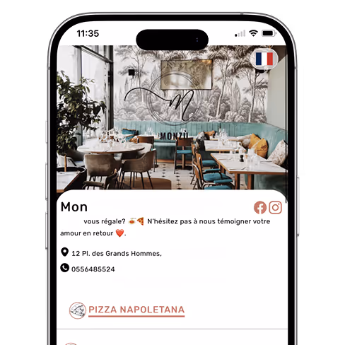 Application mobile affichant un restaurant élégant avec tables dressées, canapés verts et décoration murale artistique.