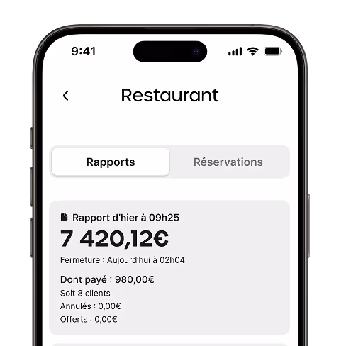 Écran d'application mobile affichant un rapport de restaurant avec un total de 7 420,12 €, payé 980,00 €, pour 8 clients, sans annulations ni offres.