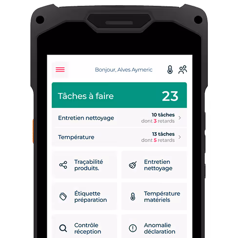 Écran de smartphone affichant une application de gestion avec 23 tâches à faire dont 10 pour entretien nettoyage et 13 pour température, avec options pour traçabilité produits, entretien nettoyage, étiquette préparation, température matériels, contrôle réception, et anomalie déclaration.