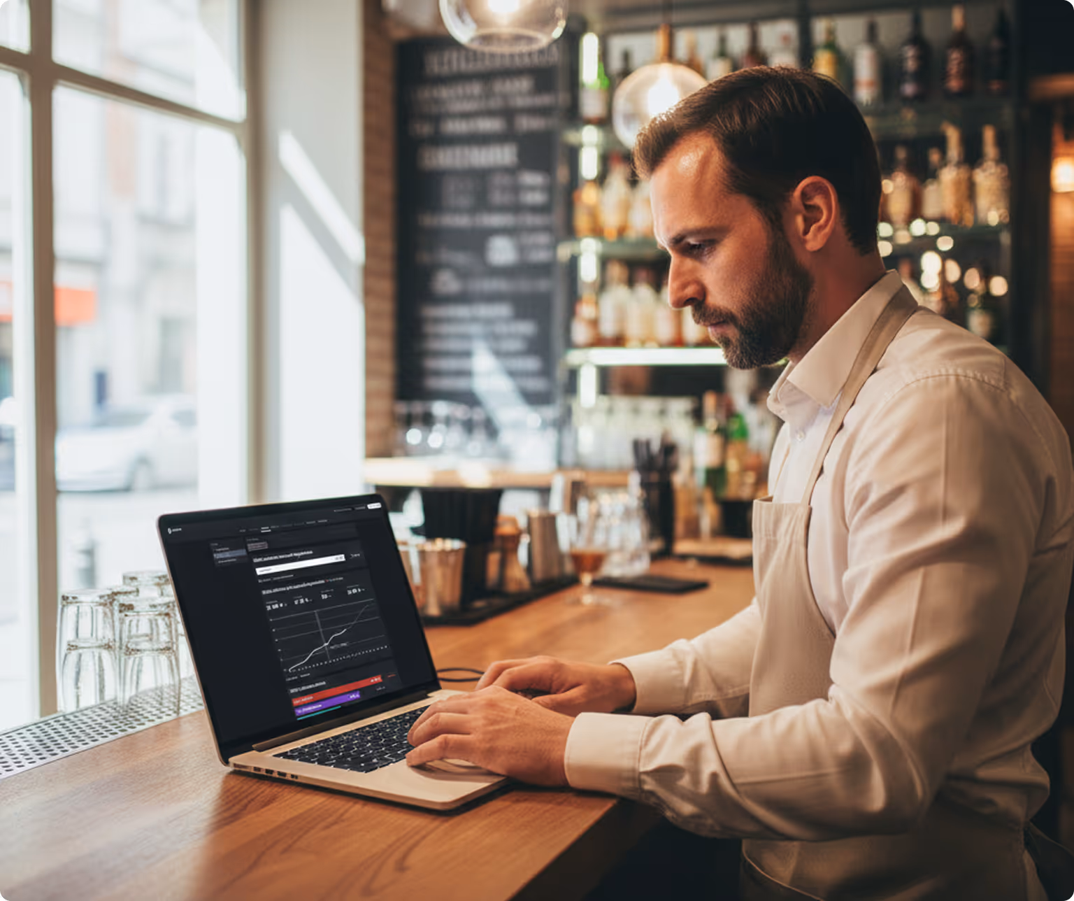 un gérant de bar est en train de consulter son outil de gestion et suivi statistique pour bar