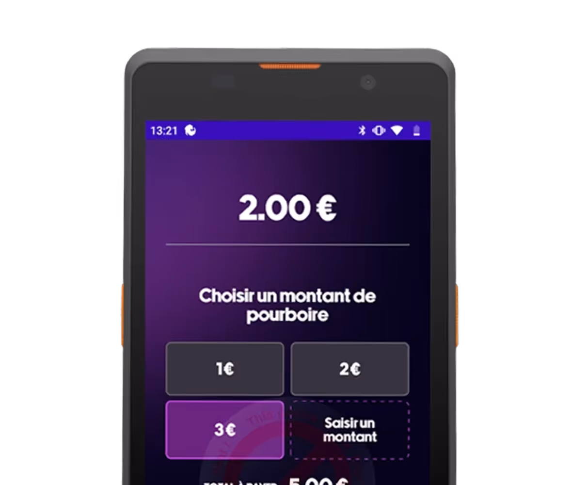 Écran de smartphone affichant une interface pour choisir un montant de pourboire avec options 1€, 2€, 3€, ou saisir un montant.