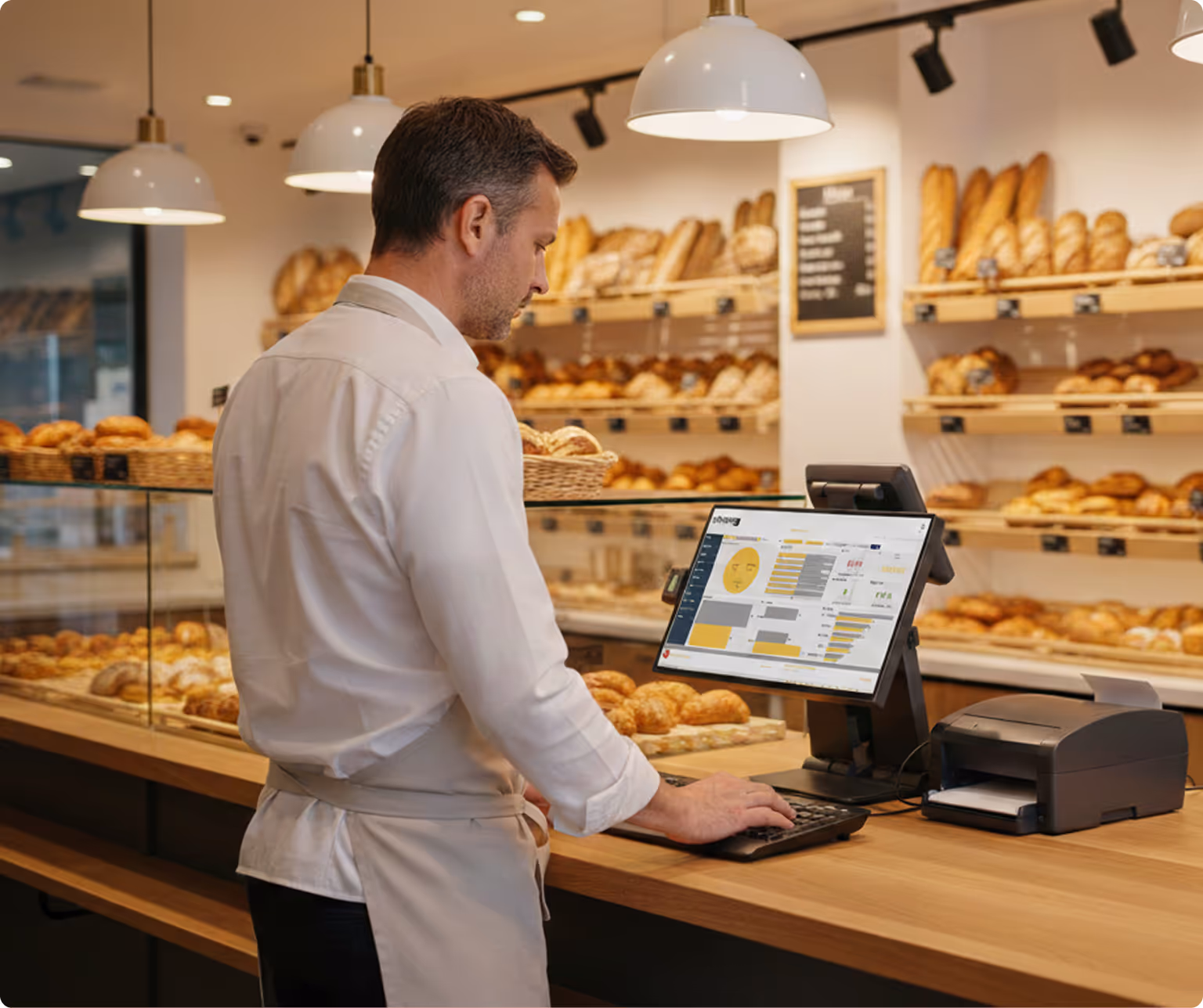 Boulanger en train de consulter les ventes et performances de sa boulangerie depuis sa caisse Popina K