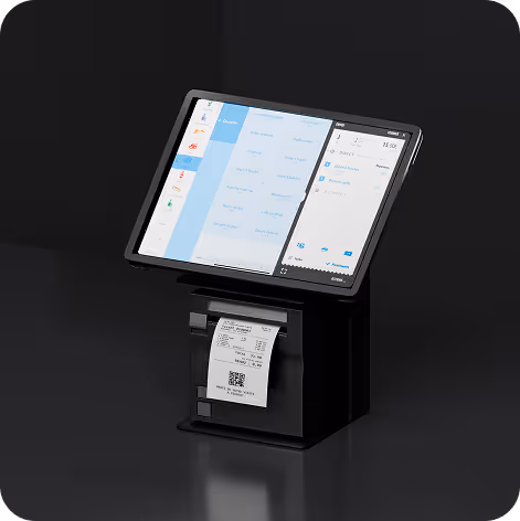 Terminal de point de vente moderne avec écran tactile affichant une interface de commande et impression de ticket.