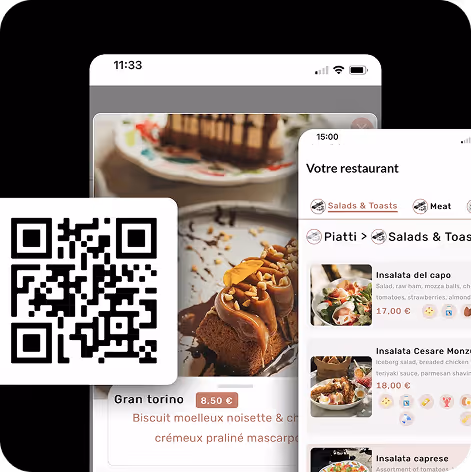 Capture d'écran d'un menu numérique de restaurant montrant des plats avec descriptions, prix et une grande partie d'un code QR pour accéder au menu.