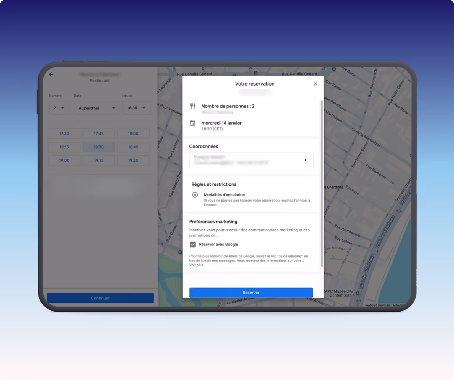 Capture d'écran d'une application de réservation Google montrant une réservation pour 2 personnes le mercredi 14 janvier à 18h30, avec options de coordonnées, règles d'annulation, préférences marketing et bouton Réserver.