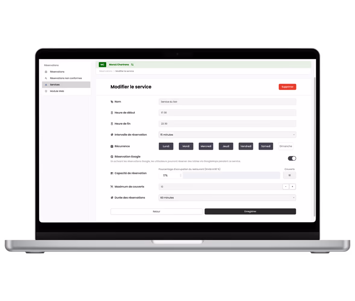 Ordinateur portable affichant une interface de gestion de service de réservation avec options pour modifier le nom, les heures, intervalle, récurrence, capacité et durée.