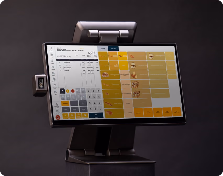 Écran tactile de caisse enregistreuse moderne affichant une interface de point de vente avec menus de produits, grille de sélection et calcul du total de 6,98 euros.