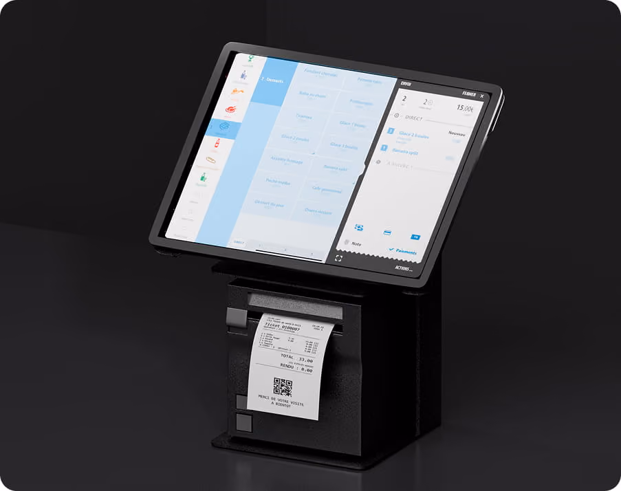 Système de caisse enregistreuse moderne avec écran tactile affichant un menu de desserts et une imprimante thermique intégrée émettant un reçu.