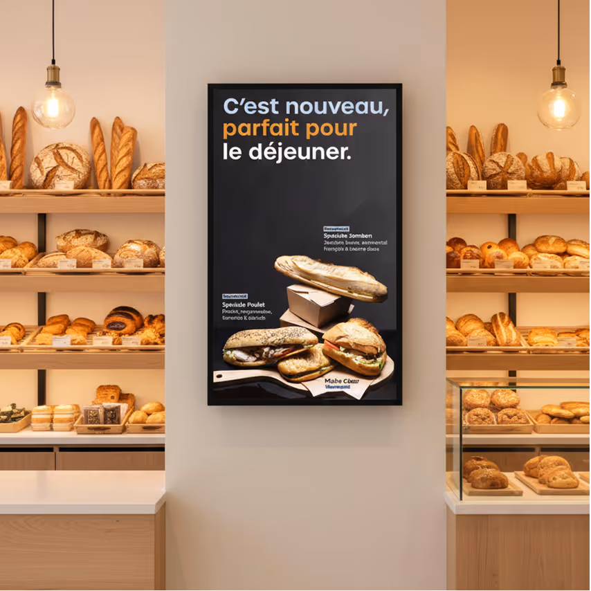 écran d'affichage dynamique dans une boulangerie moderne