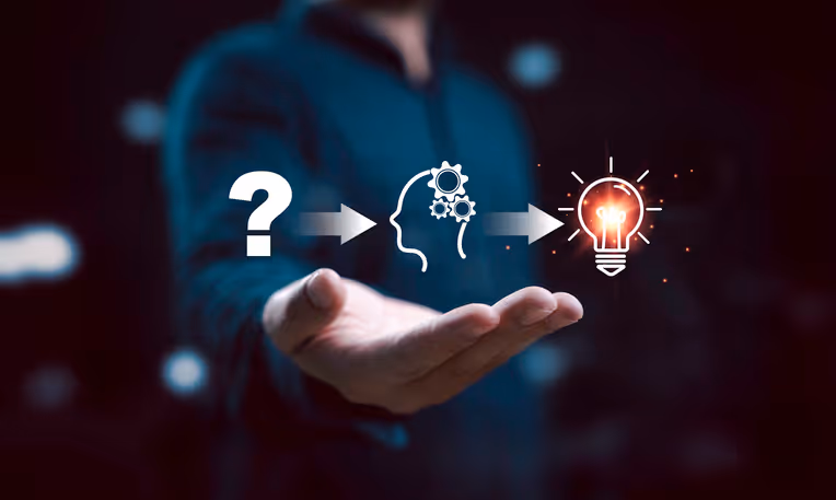Hand presenting a flow from question mark to thinking head with gears, to illuminated light bulb symbolizing idea generation.