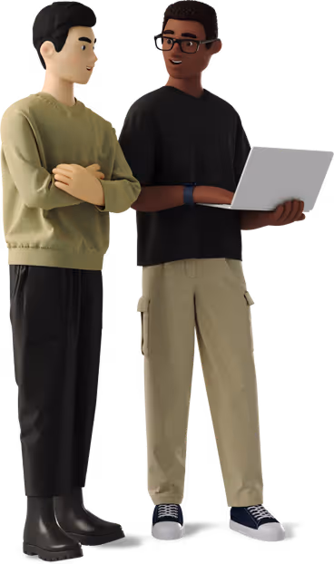 Two men standing; one holds a laptop while the other watches with arms crossed.