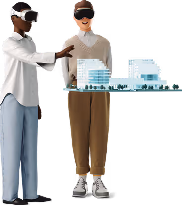 Two people wearing virtual reality headsets interacting with a digital architectural model.