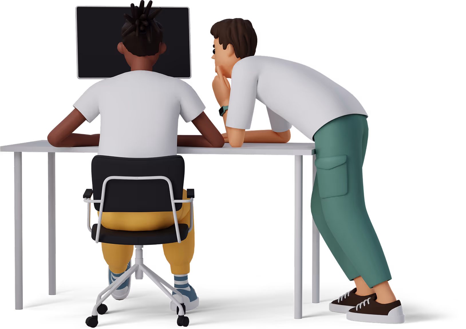Two 3D animated coworkers, one seated and one leaning on a table, looking at a computer screen.