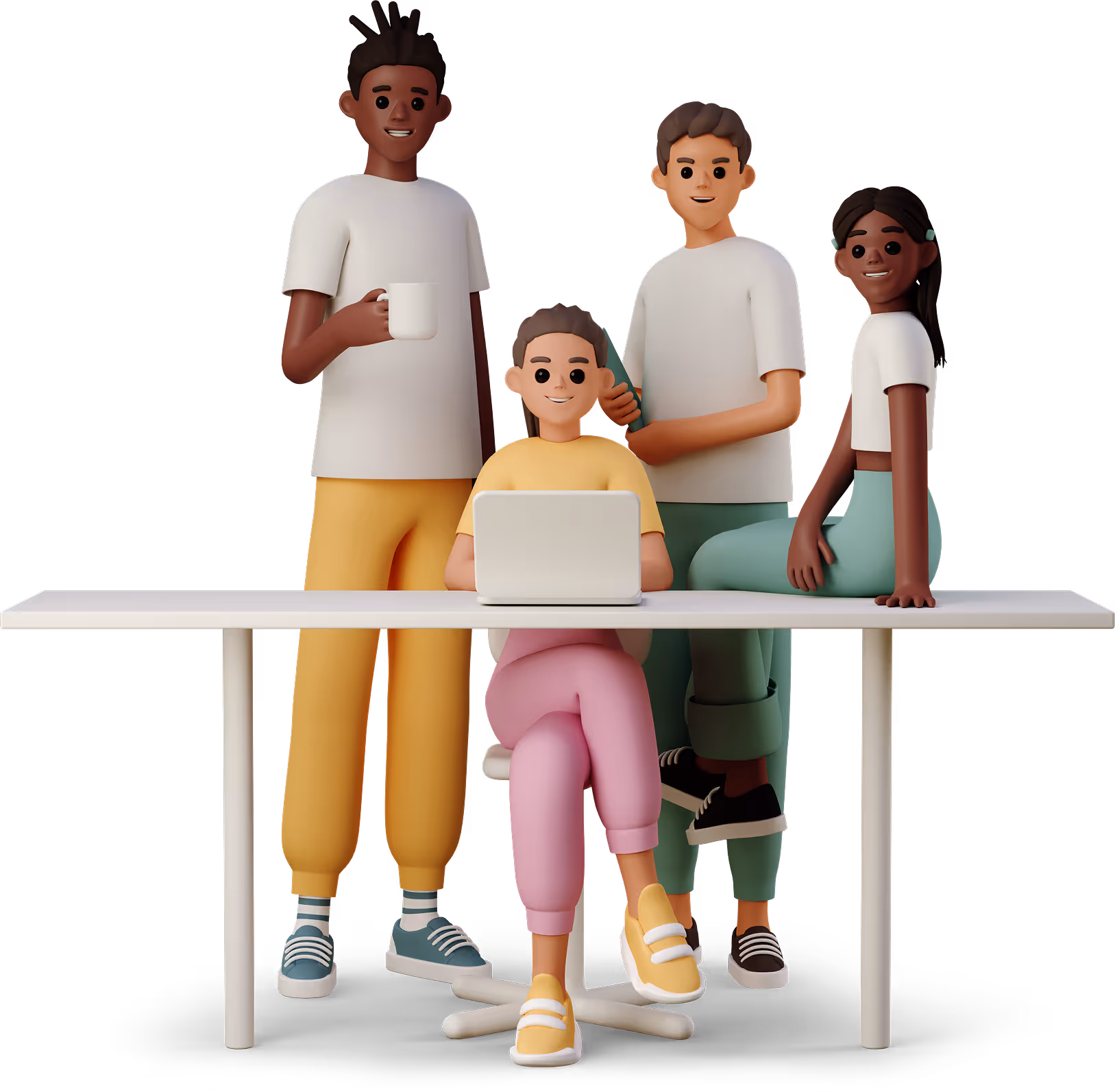 Four diverse colleagues smiling together around a desk with a laptop, one sitting and three standing.