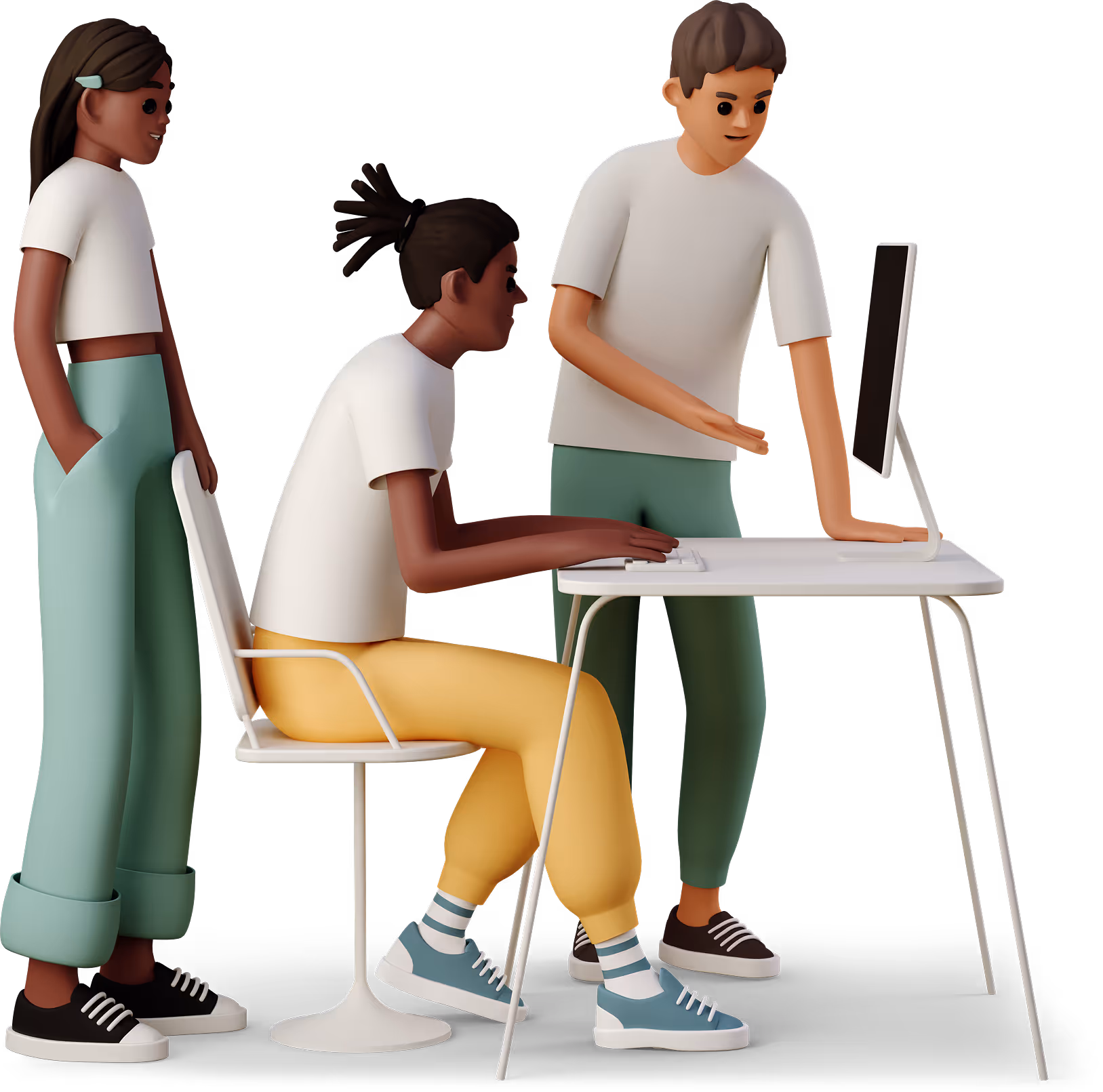 Three 3D cartoon characters collaborating around a computer on a white desk with one seated and two standing.