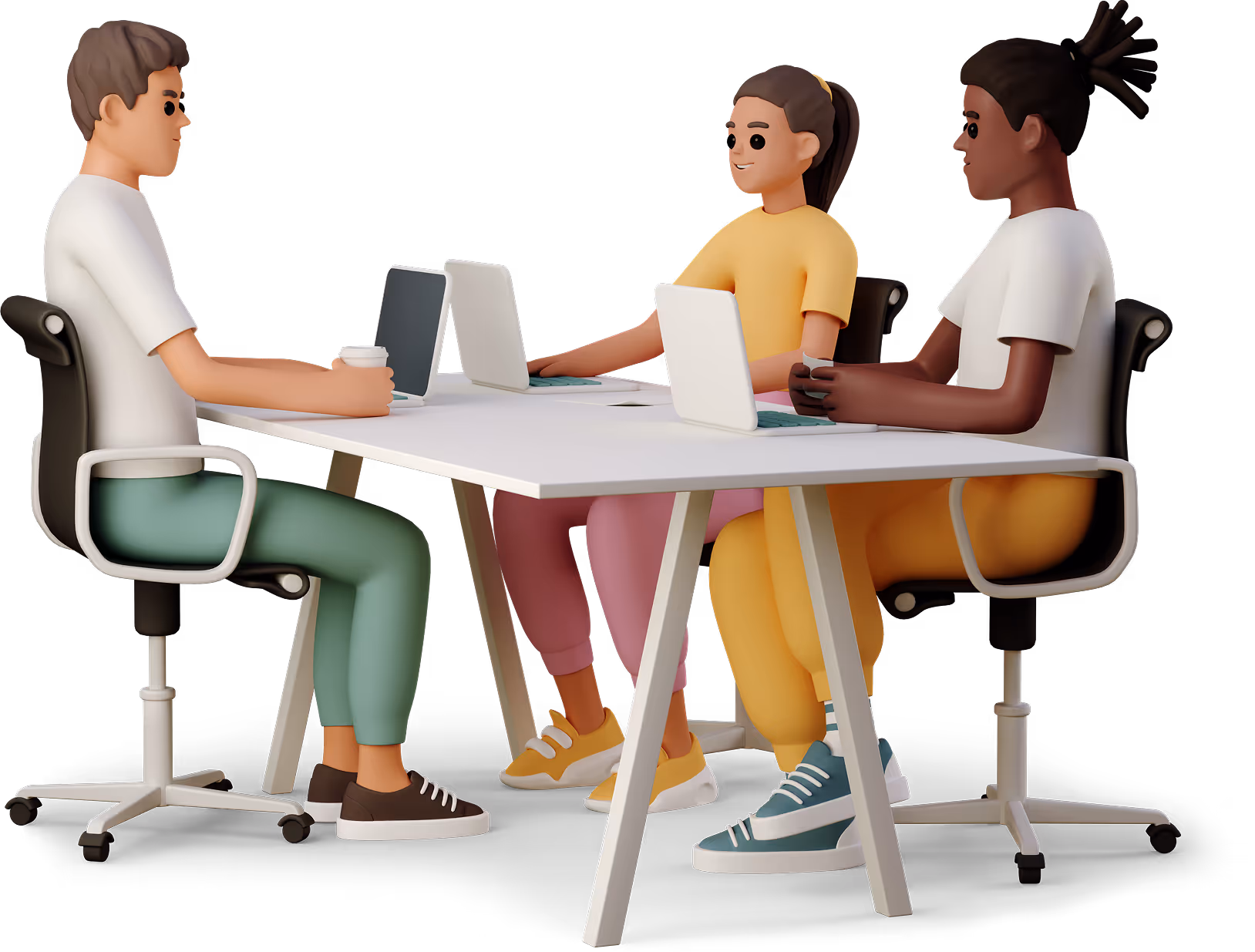 Three diverse 3D people sitting at a desk with laptops, collaborating in an office setting.