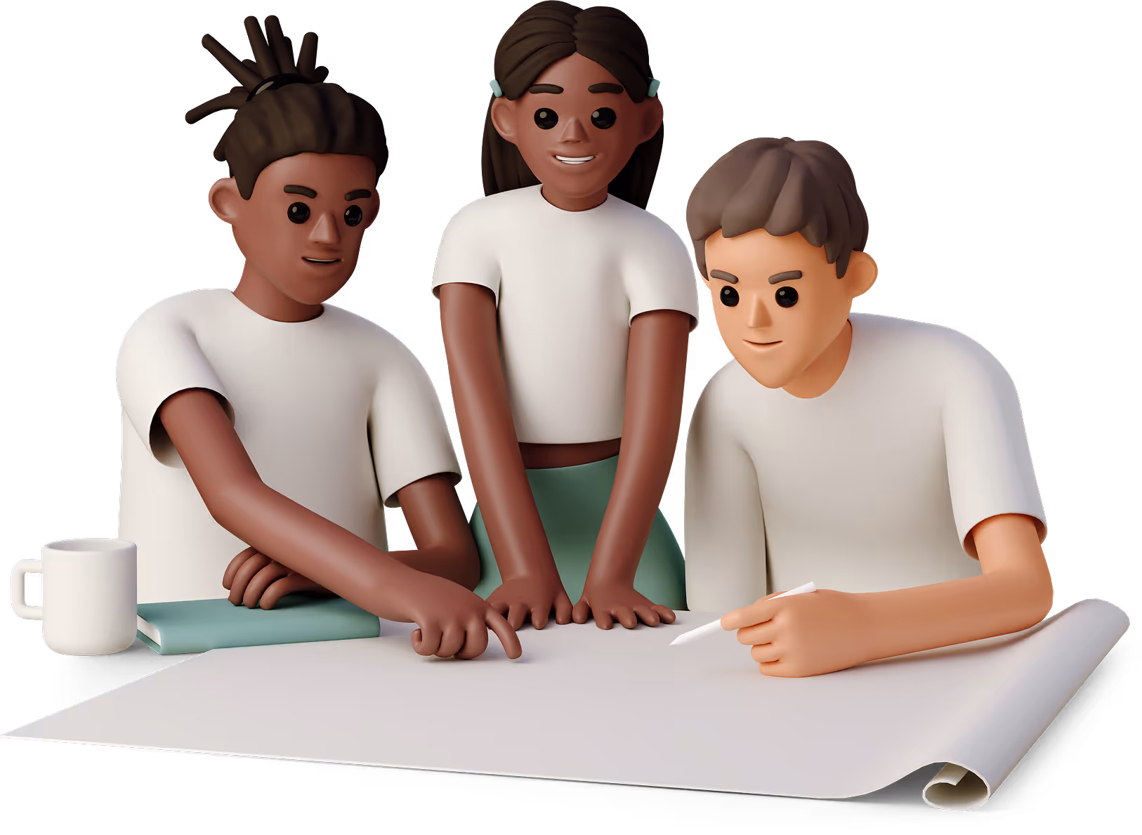 3D illustration of three people collaborating over a large sheet of paper with one holding a pen.