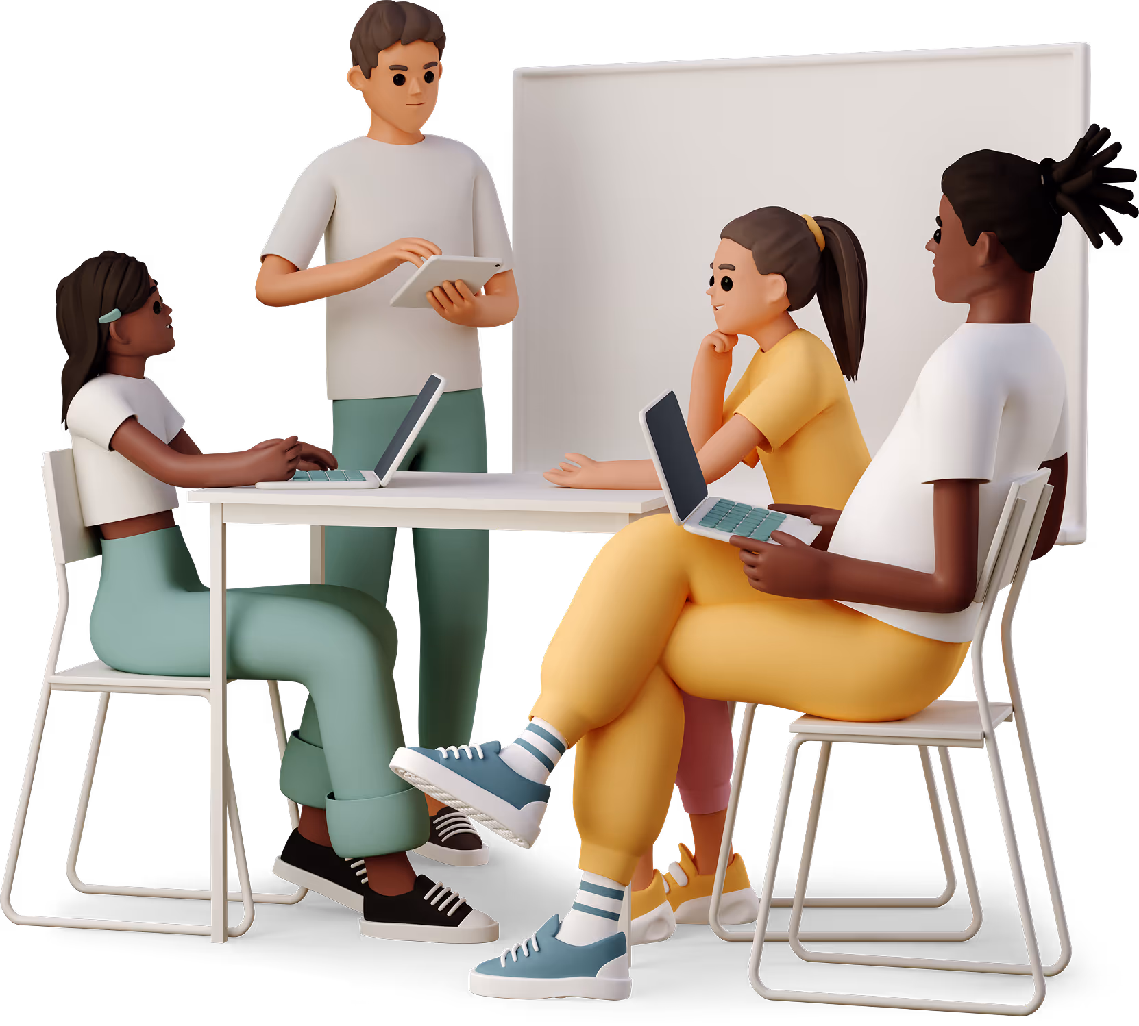 Four diverse people brainstorming with laptops and a tablet around a table in a conference room.
