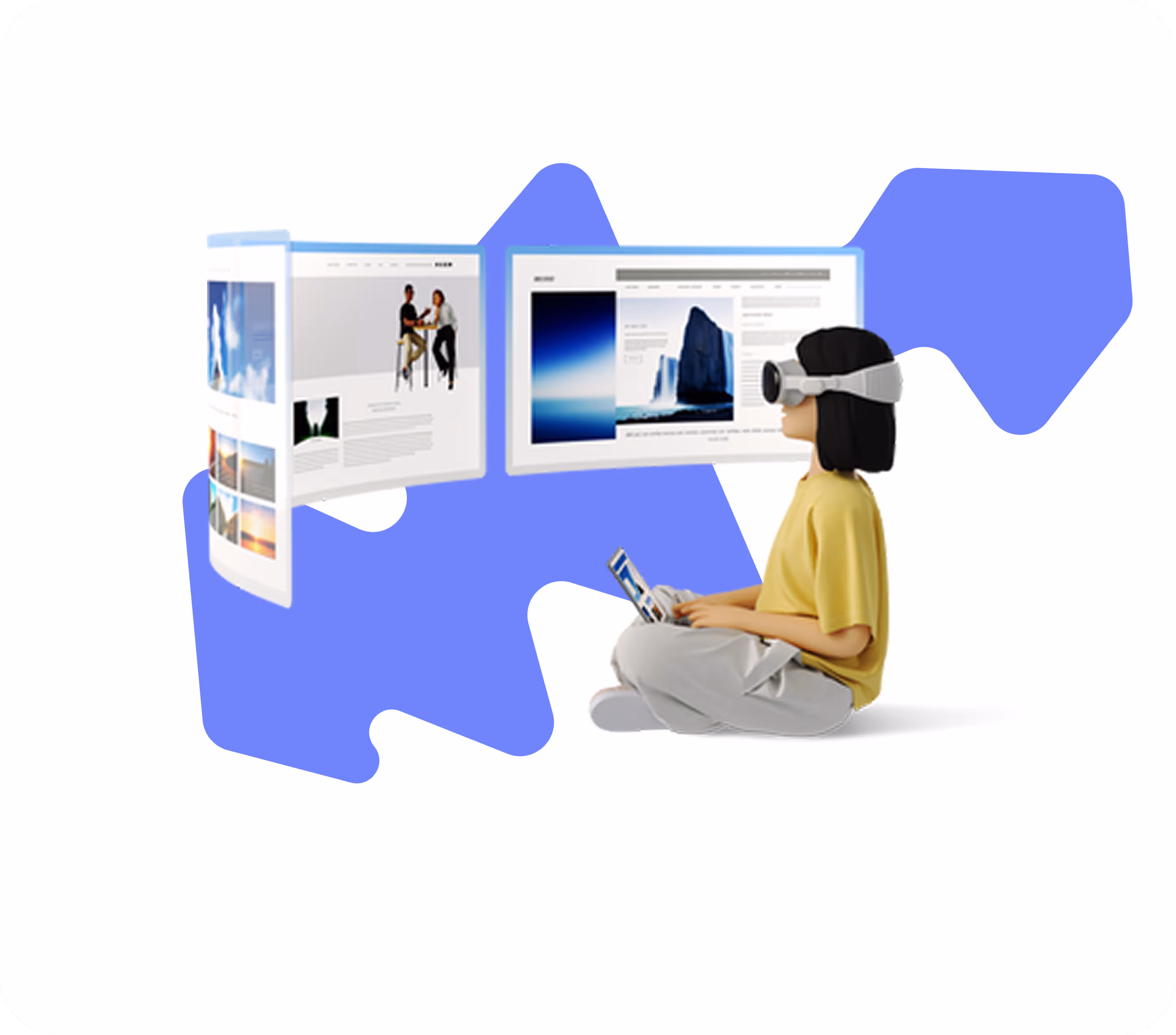 Person wearing virtual reality headset interacting with floating digital screens showing images and text.