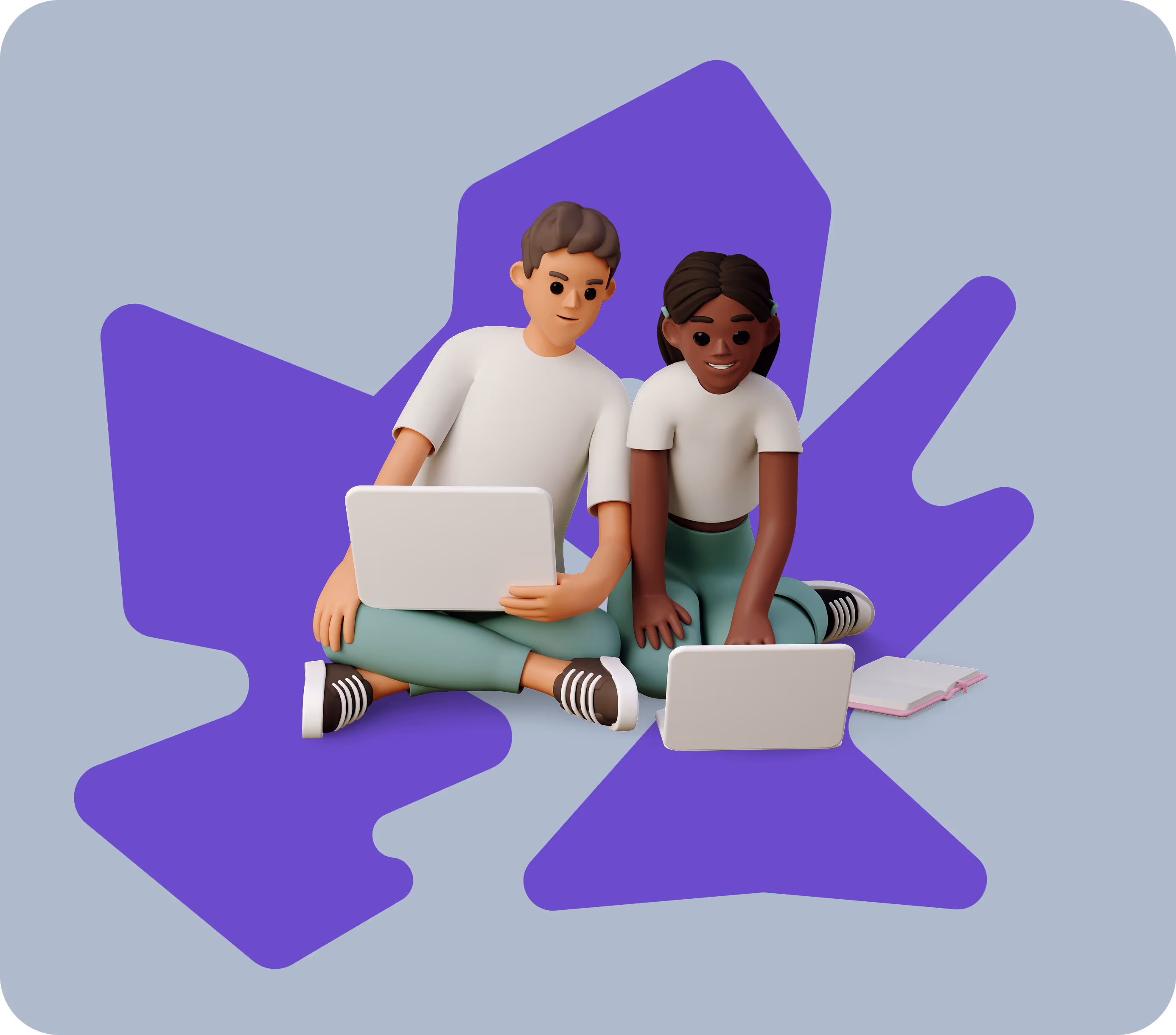 Illustration of two people sitting with laptops, working together on a purple abstract shape background.