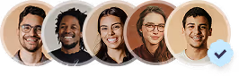 Profile pictures of five diverse young adults in circular frames with a blue verified checkmark on the right.