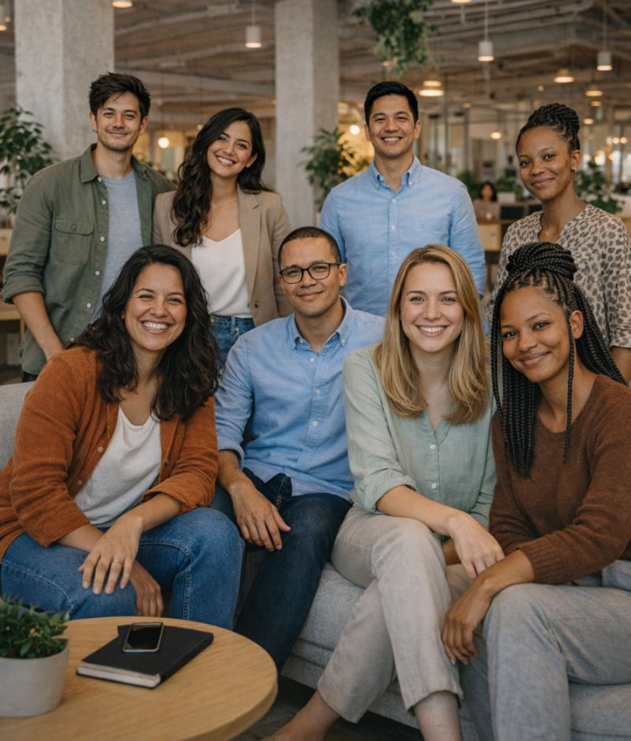 Man in a black shirt with rolled-up sleeves video chatting with a woman on a laptop at a wooden desk with a water bottle and notebook.