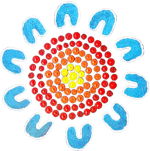 Concentric circular pattern with yellow, orange, and red dots at the center surrounded by blue abstract shapes on a blurred background.