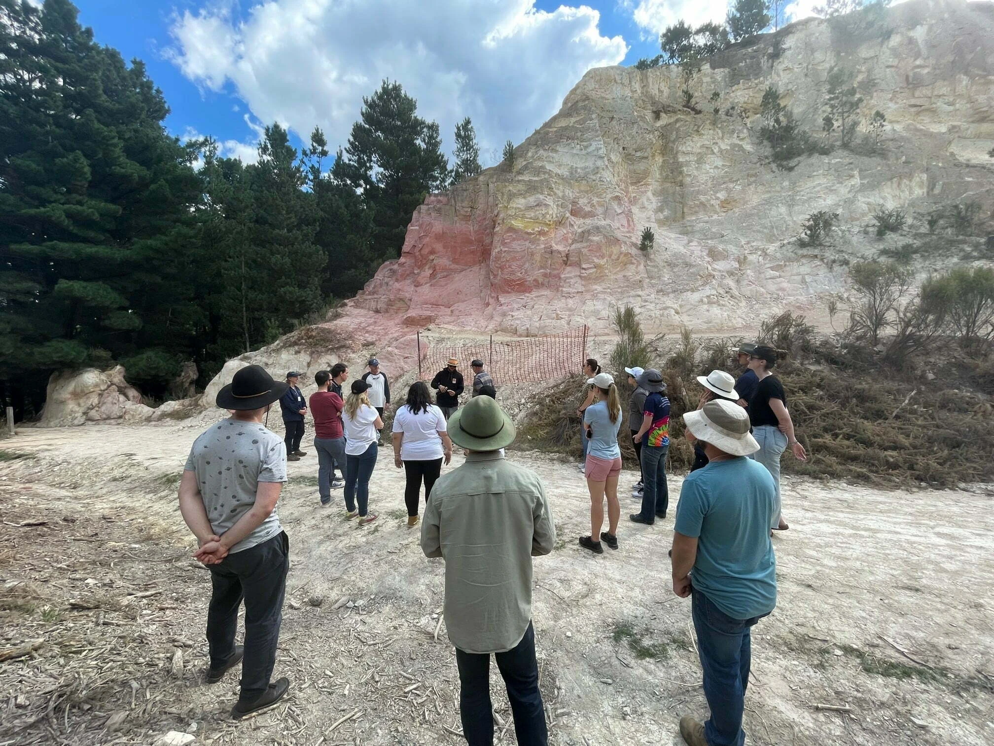 Group of people standing outdoors listening to a guide near a rocky, ochre-colored cliff with trees in the background.