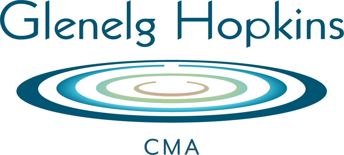 Gleneig Hopkins text logo above elliptical waves design with CMA below.