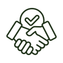 Icon of two hands shaking with a checkmark above, symbolizing trust and agreement.
