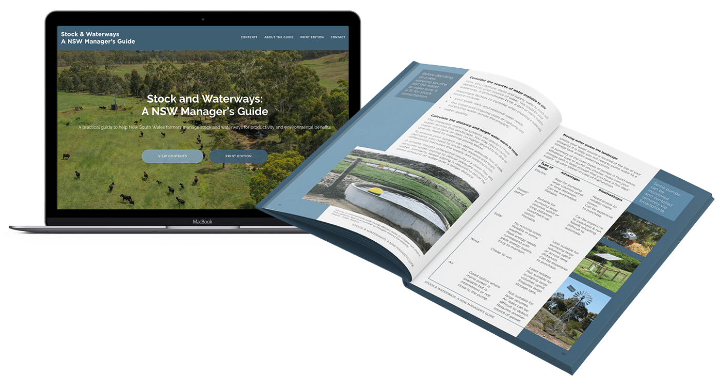 MacBook showing 'Stock and Waterways: A NSW Manager's Guide' homepage alongside an open printed guidebook displaying water sources and pump types in a rural farming setting.