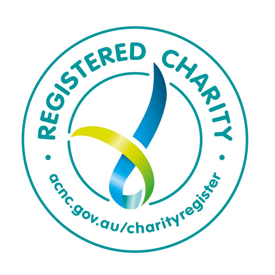 Circle badge with text 'Registered Charity' and URL 'acnc.gov.au/charityregister' around a blue and green ribbon-like symbol in the center.