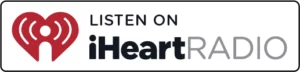 Listen on iHeartRadio logo with a red heart and radio signal icon.