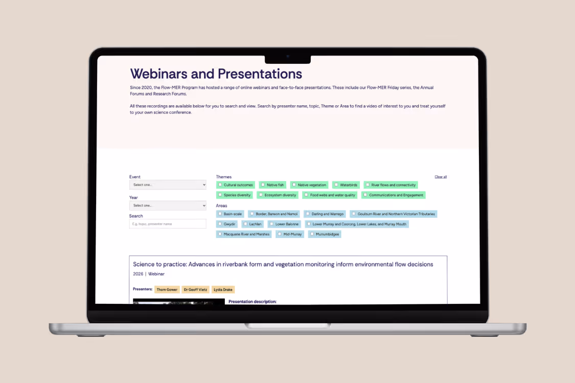 Laptop screen displaying a webpage titled Webinars and Presentations with filters for Event, Year, Themes, and Areas, and a section for a 2026 webinar on riverbank form and vegetation monitoring.