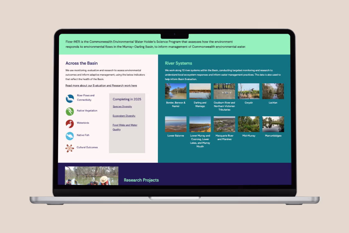 Laptop screen showing Flow-MER program webpage detailing environmental water research in Murray–Darling Basin, with sections on basin monitoring, river systems, and completing projects by 2025.