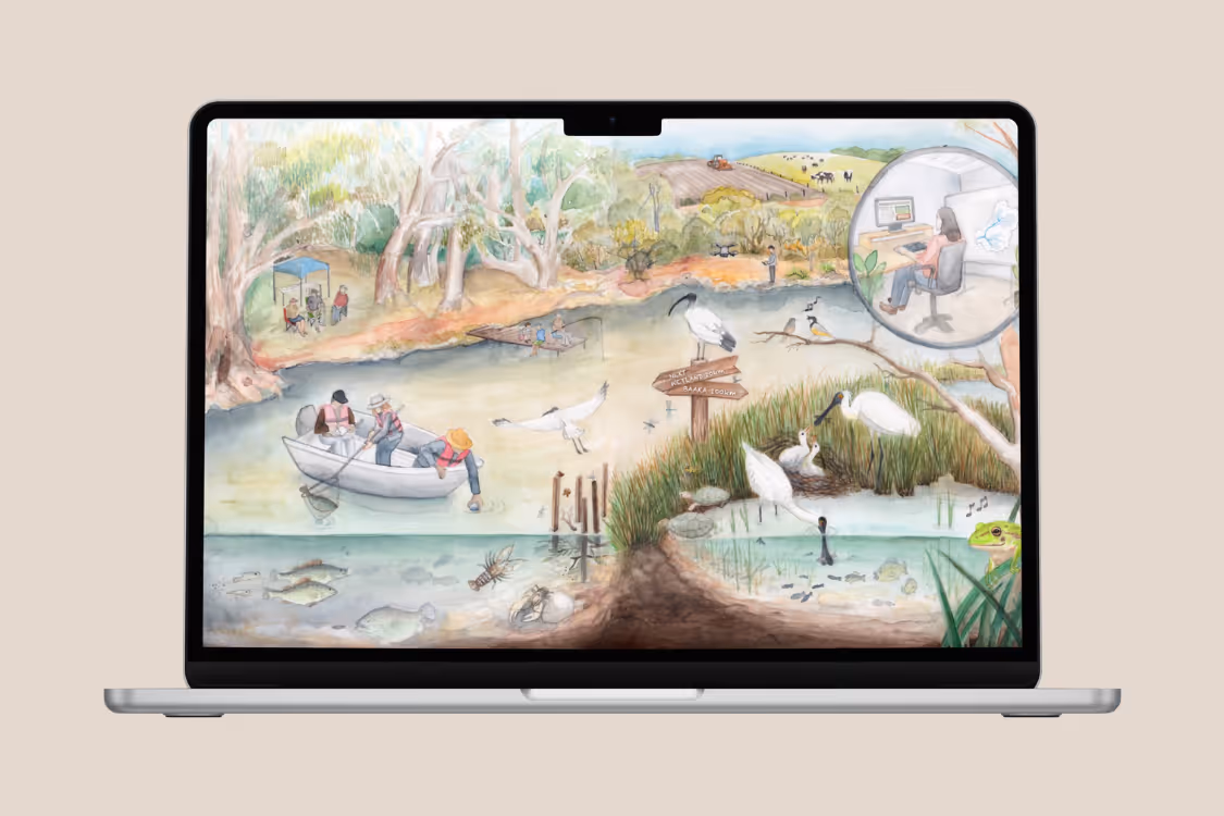 Illustration on a laptop screen showing a wetland scene with people in a boat, various birds, aquatic animals, and a magnified inset of a person working on a computer indoors.