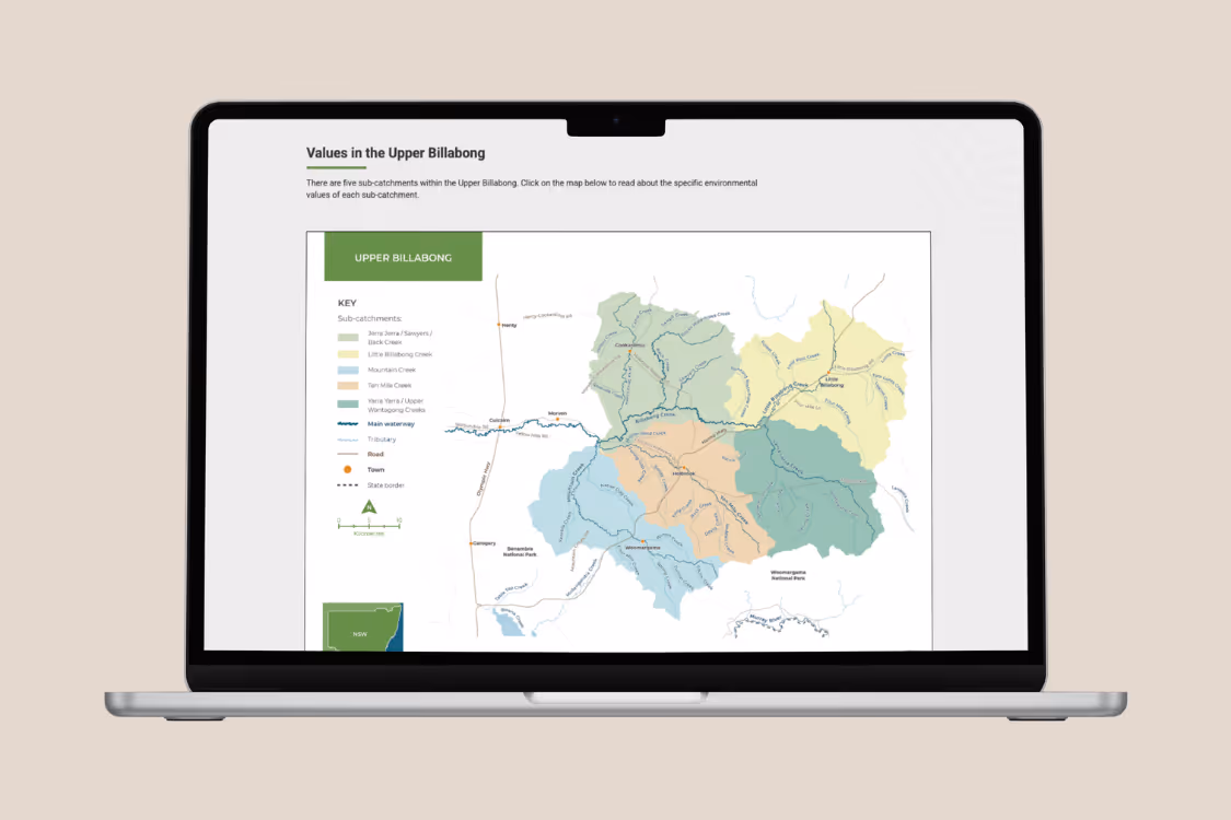 Laptop screen displaying a map titled 'Values in the Upper Billabong' showing five sub-catchments with color-coded regions and a key explaining waterways, roads, towns, and state borders.