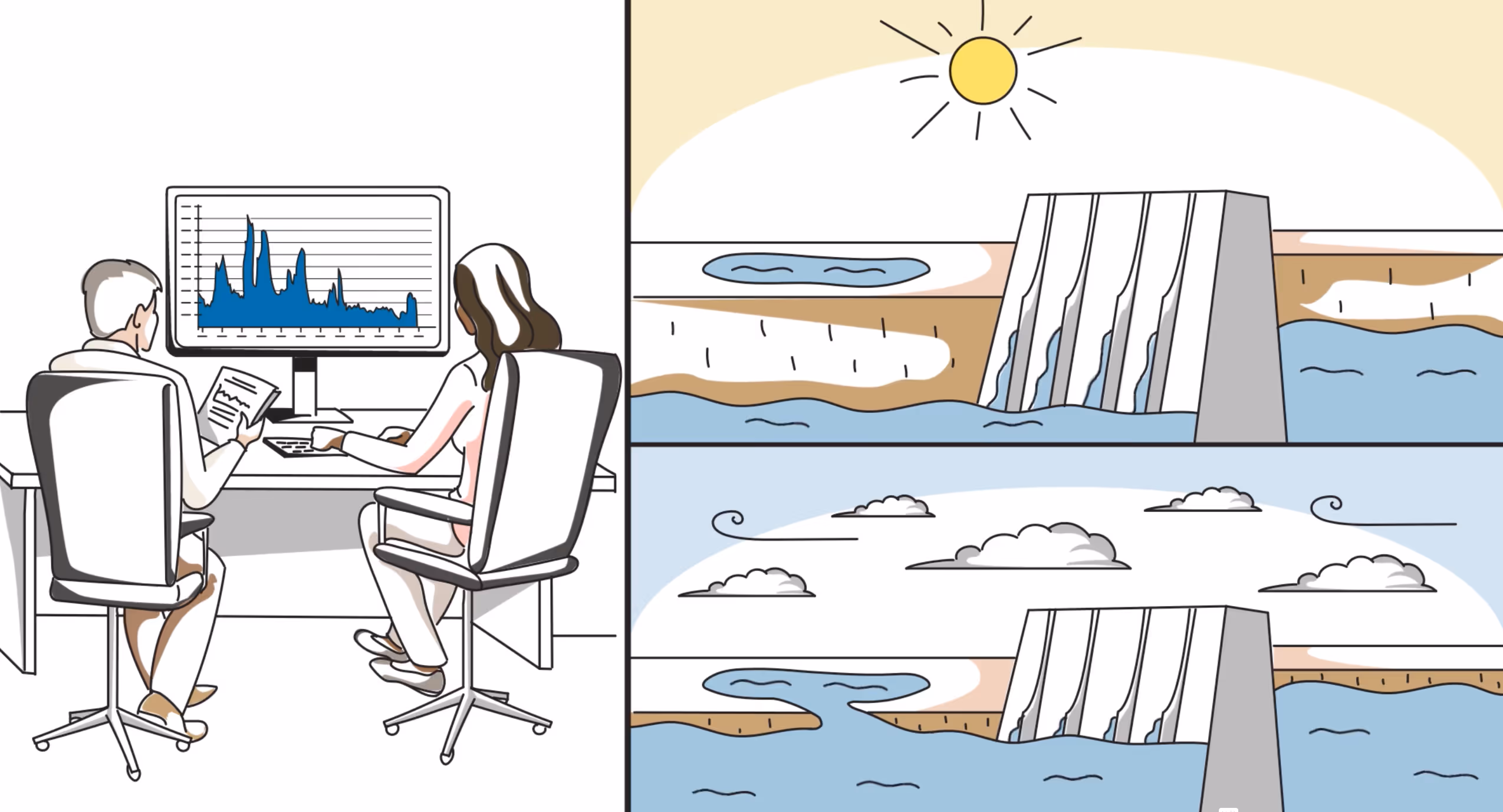 Illustration of two people analyzing water flow data on a computer next to a diagram showing a dam with varying water levels, sun, clouds, and wind.