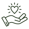 Icon of a hand holding a heart with rays above it representing empathy.