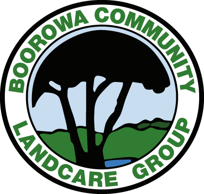 Logo of Boorowa Community Landcare Group featuring stylized tree with landscape of hills and water in the background and green text around a white circular border.