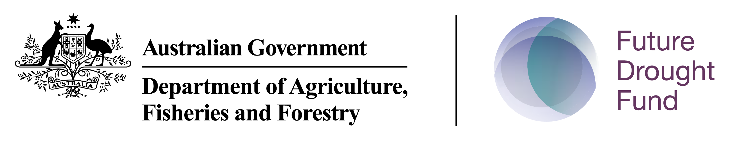 Australian Government Department of Agriculture, Fisheries and Forestry logo alongside the Future Drought Fund logo with overlapping blue and purple circles.