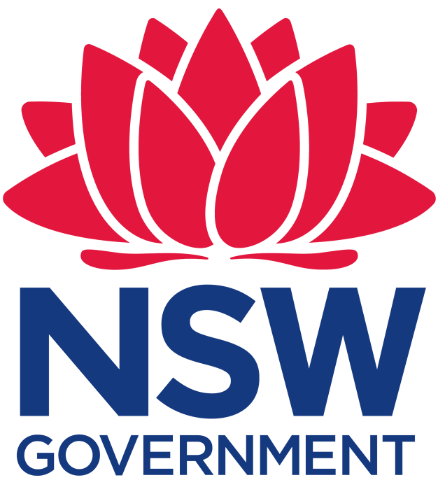 NSW Government logo featuring a stylized red waratah flower above bold blue letters 'NSW' and the word 'Government' below.