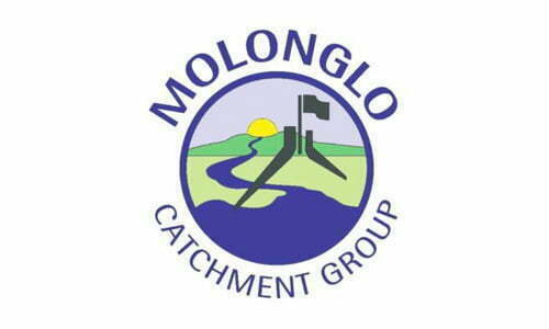 Molonglo Catchment Group logo with a river flowing through green hills and a rising sun in a circular design.